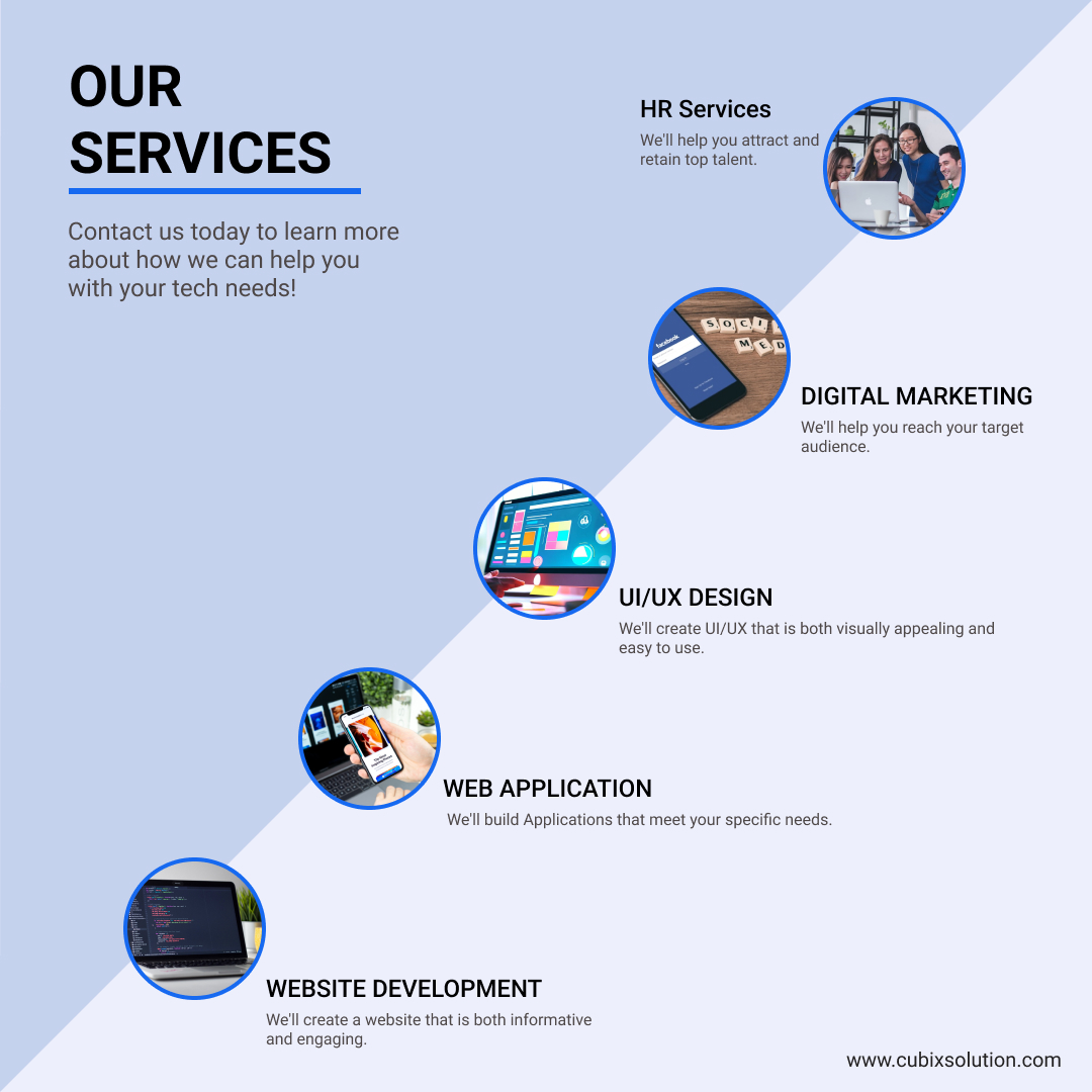 CubixSolution's tweet photo. Supercharge Your Business with Our Tech Solutions! Contact Us Today for HR Services, Digital Marketing, Web Application Development, Website Development, and UI/UX Expertise. Let Us Boost Your Business and Drive Success! 
#TechSolutions #BusinessGrowth #DigitalTransformation https://t.co/20WxOmxyrw