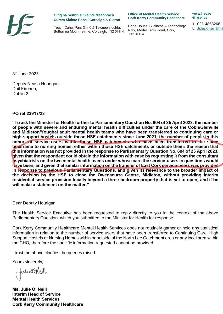 HSE continue to tell <a href="/neasa_neasa/">Neasa Hourigan TD</a> they do not know how many service-users were transferred to residential settings outside East Cork since Owenacurra stopped taking referrals in 2021.

This is key information re the closure implications &amp; easily accessible from local psychiatry.