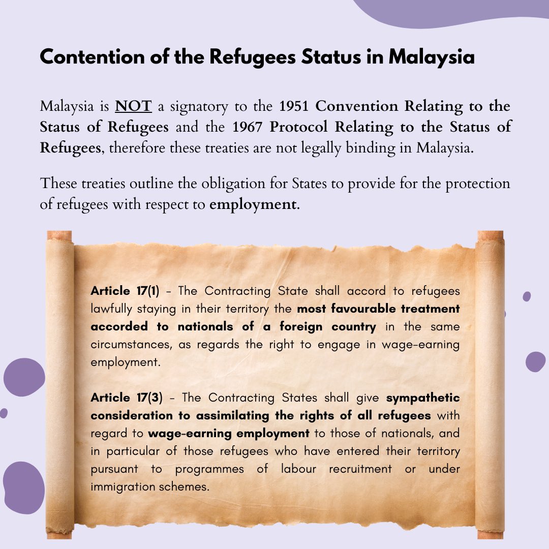 WFRmalaysia's tweet photo. Refugees Status in Malaysia: A Legal Perspective. 

Explore the challenges, provisions, and court cases shaping refugee employment.

#WFR #WomenForRefugees #RefugeeRights #Malaysia

(1/2) https://t.co/k2yBCP2kU8