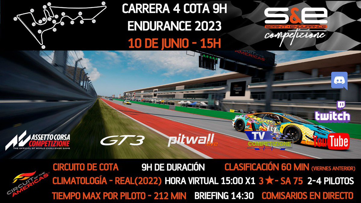 Día de Qualy en <a href="/SCompetizione/">SyECompetizione</a>
Arrancan las 9h de Cota
Última carrera del Campeonato y con los puestos del podium por decidir
Por supuesto lo podréis ver en <a href="/Tvcompetizion/">TV COMPETIZIONE</a>
Va a estar muy interesante. El equipo Italiano lo va a poner muy difícil.
