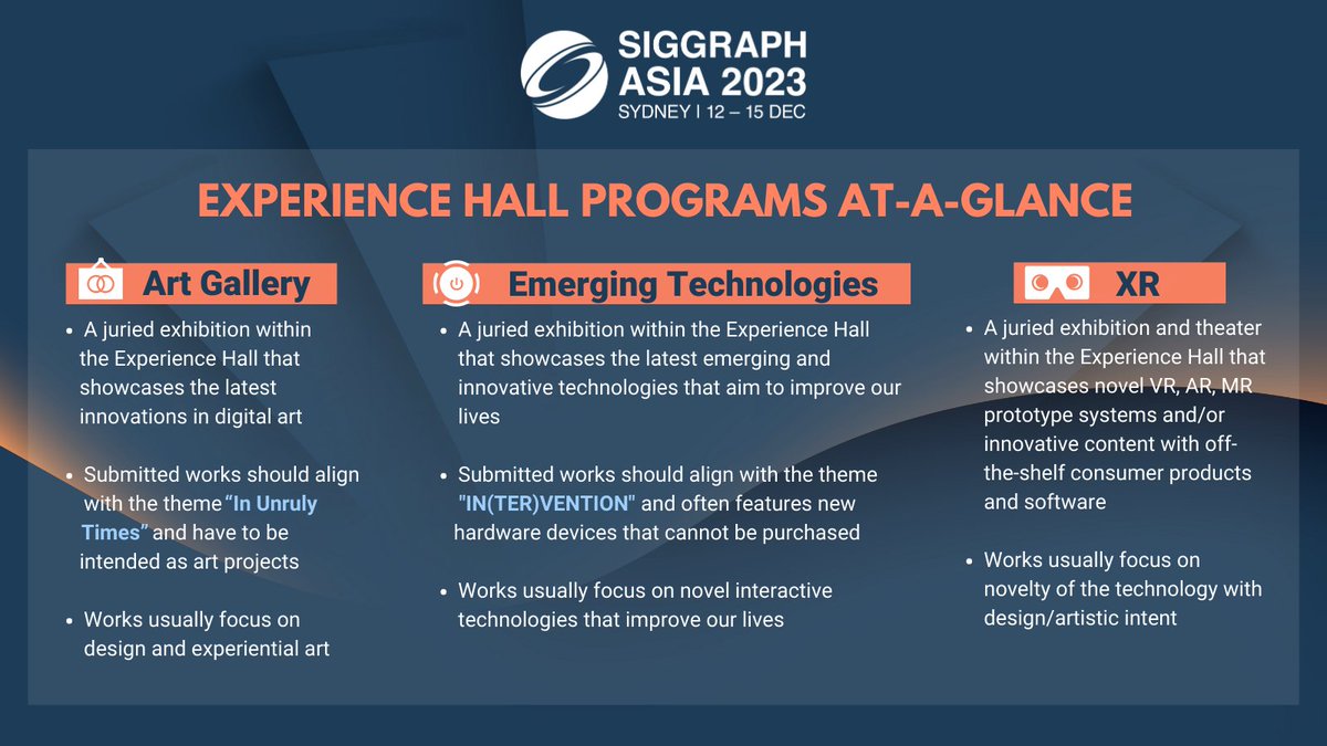 SIGGRAPHAsia's tweet photo. Calling all artists, researchers, students, & all in the #CG industry to submit your best works to the #SIGGRAPHAsia2023 Experience Hall programs! Submissions are due on 19 June 2023! ๐ https://t.co/XvMYvv2lEt #SAartgallery #SAetech #SAXR #DigitalArt #ImmersiveTech https://t.co/r4JEjGbmMT