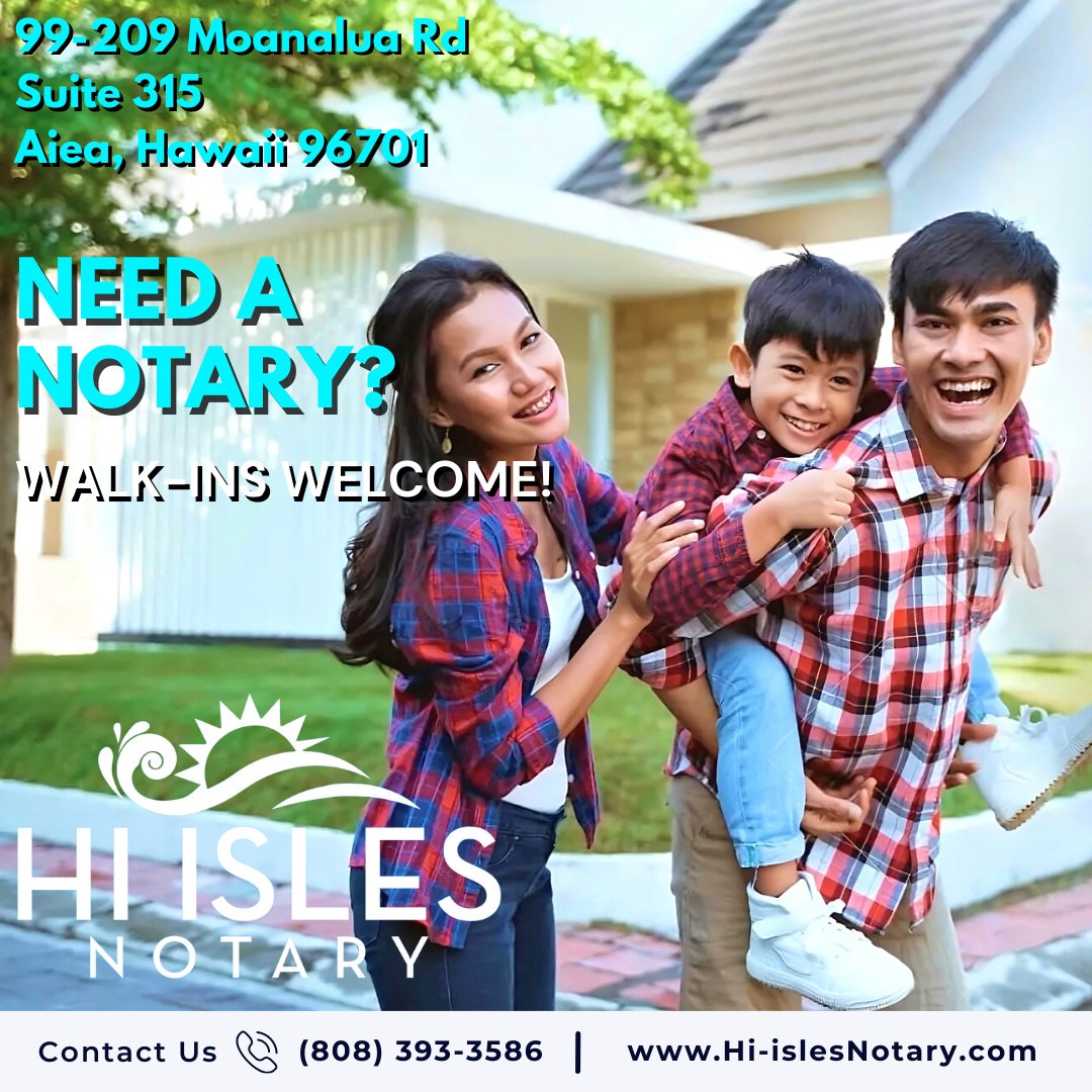 🖋️ Need a notary? We've got you covered! Say goodbye to appointments and hello to convenience with HI Isles Notary's walk-in services! 🚶‍♂️🚶‍♀️✍️

#HIIslesNotary #ConvenienceMatters #ReliableNotary #WalkInNotary #ProfessionalService