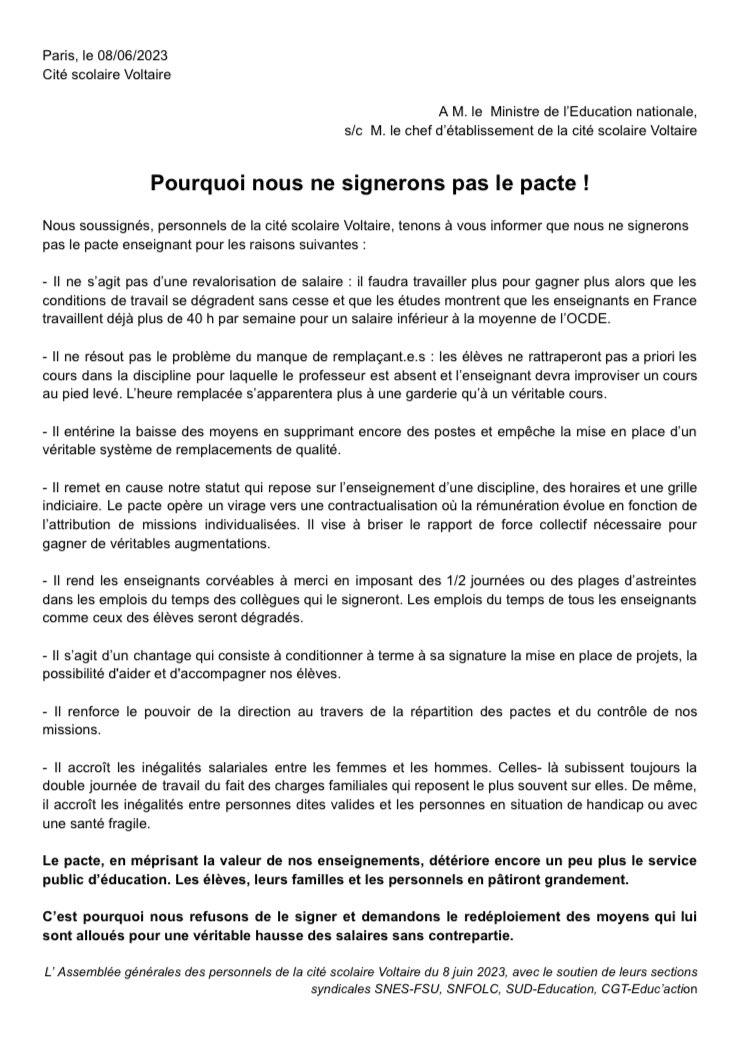 #Pacte Motion adoptée en AG a l’unanimité #LycéeVoltaire #EtablissementZeroPacte à diffuser sans modération. @PapNdiaye @SUD_education @SNESPARIS @cgt_educ