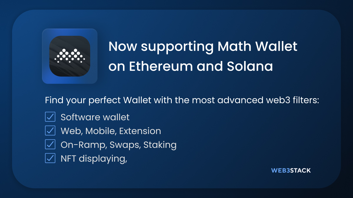 web3stackme's tweet image. Web3stack now supports @MathWallet on Ethereum and Solana      
Math Wallet is a multichain crypto wallet for 3.5 million users & 150+ blockchains 
Vote for @MathWallet as the best Wallet    
Explore more web3 Wallets on Web3stack