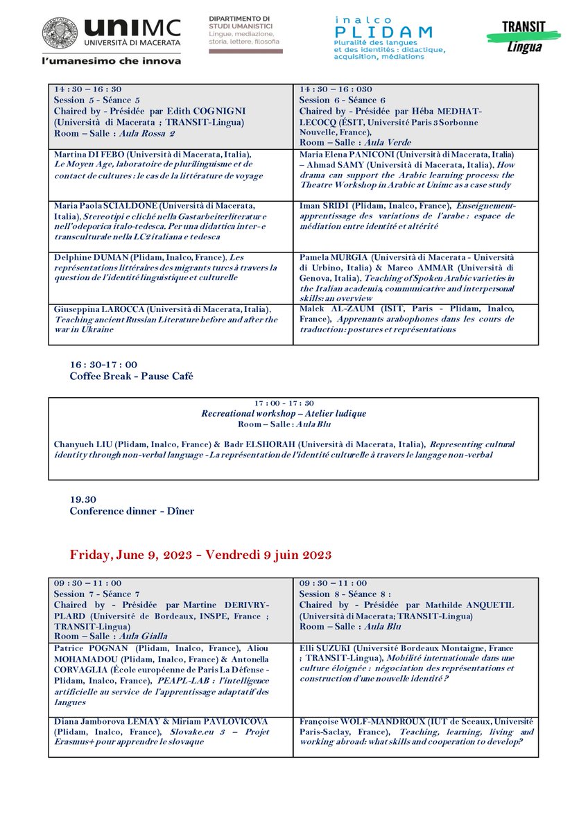 Plidam_Inalco's tweet image. Colloque international
IDENTITÉS, REPRÉSENTATIONS ET CONSTRUCTION DE COMPÉTENCES
EN MILIEU ACADÉMIQUE : REGARDS CROISÉS SUR L’APPRENANT EN LANGUES / CULTURES
8-9 juin 2023
Polo didattico Pantaleoni, Università di Macerata
Via della Pescheria Vecchia, 26 - Macerata
@Inalco