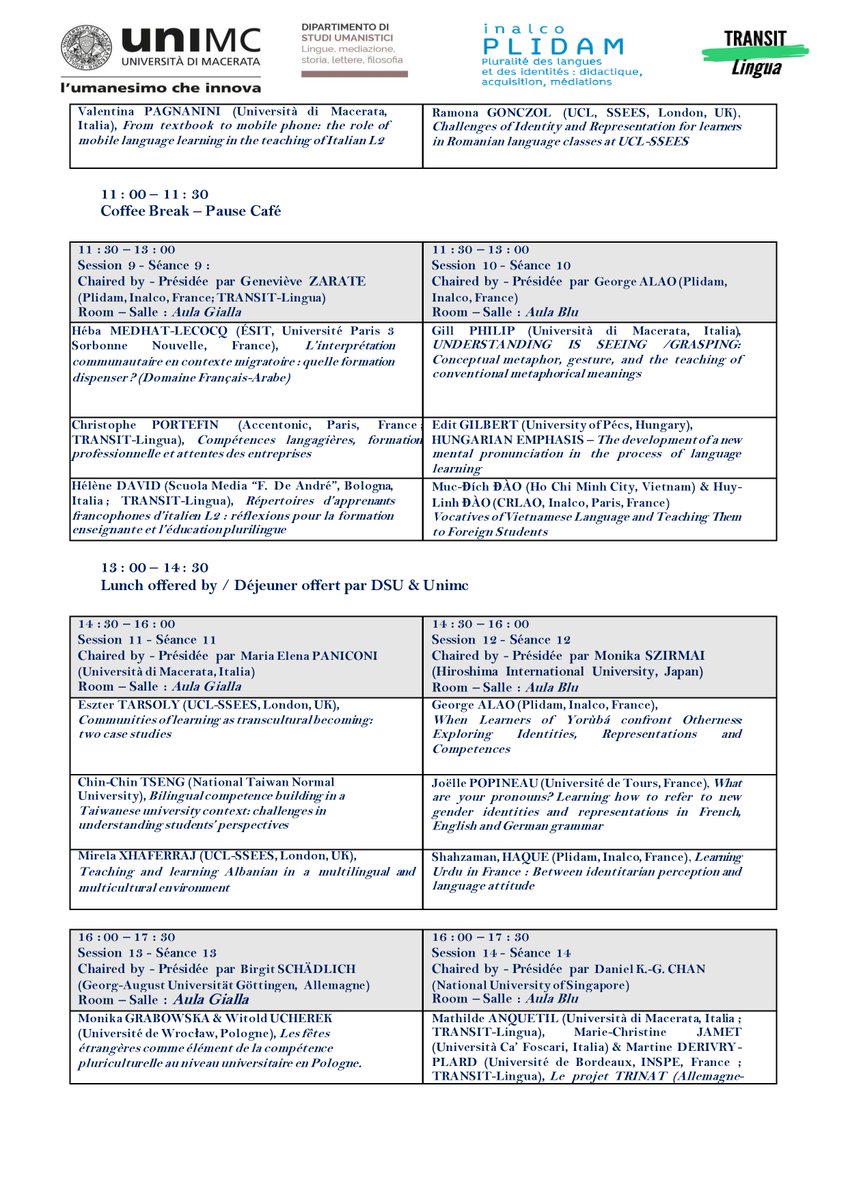 Plidam_Inalco's tweet image. Colloque international
IDENTITÉS, REPRÉSENTATIONS ET CONSTRUCTION DE COMPÉTENCES
EN MILIEU ACADÉMIQUE : REGARDS CROISÉS SUR L’APPRENANT EN LANGUES / CULTURES
8-9 juin 2023
Polo didattico Pantaleoni, Università di Macerata
Via della Pescheria Vecchia, 26 - Macerata
@Inalco