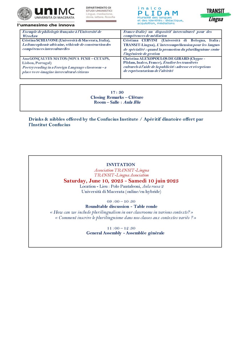 Plidam_Inalco's tweet image. Colloque international
IDENTITÉS, REPRÉSENTATIONS ET CONSTRUCTION DE COMPÉTENCES
EN MILIEU ACADÉMIQUE : REGARDS CROISÉS SUR L’APPRENANT EN LANGUES / CULTURES
8-9 juin 2023
Polo didattico Pantaleoni, Università di Macerata
Via della Pescheria Vecchia, 26 - Macerata
@Inalco