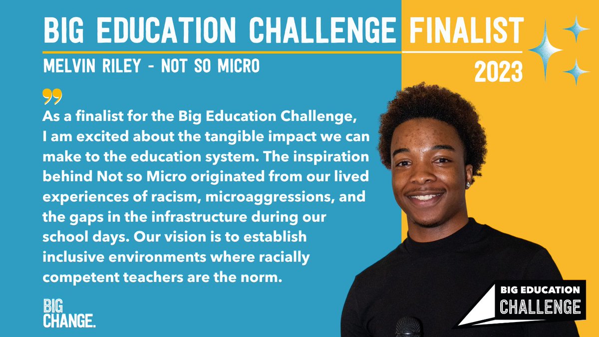 #BigEdChallenge finalist <a href="/m_riley0155/">MELVIN RILEY</a> faced a school system that didn’t understand the challenges of racism. His idea <a href="/NotSoMicro/">Not So Micro</a> is an anti-racism &amp; microaggression training programme for educators, and a campaign to ensure schools are accountable for promoting racial inclusion.