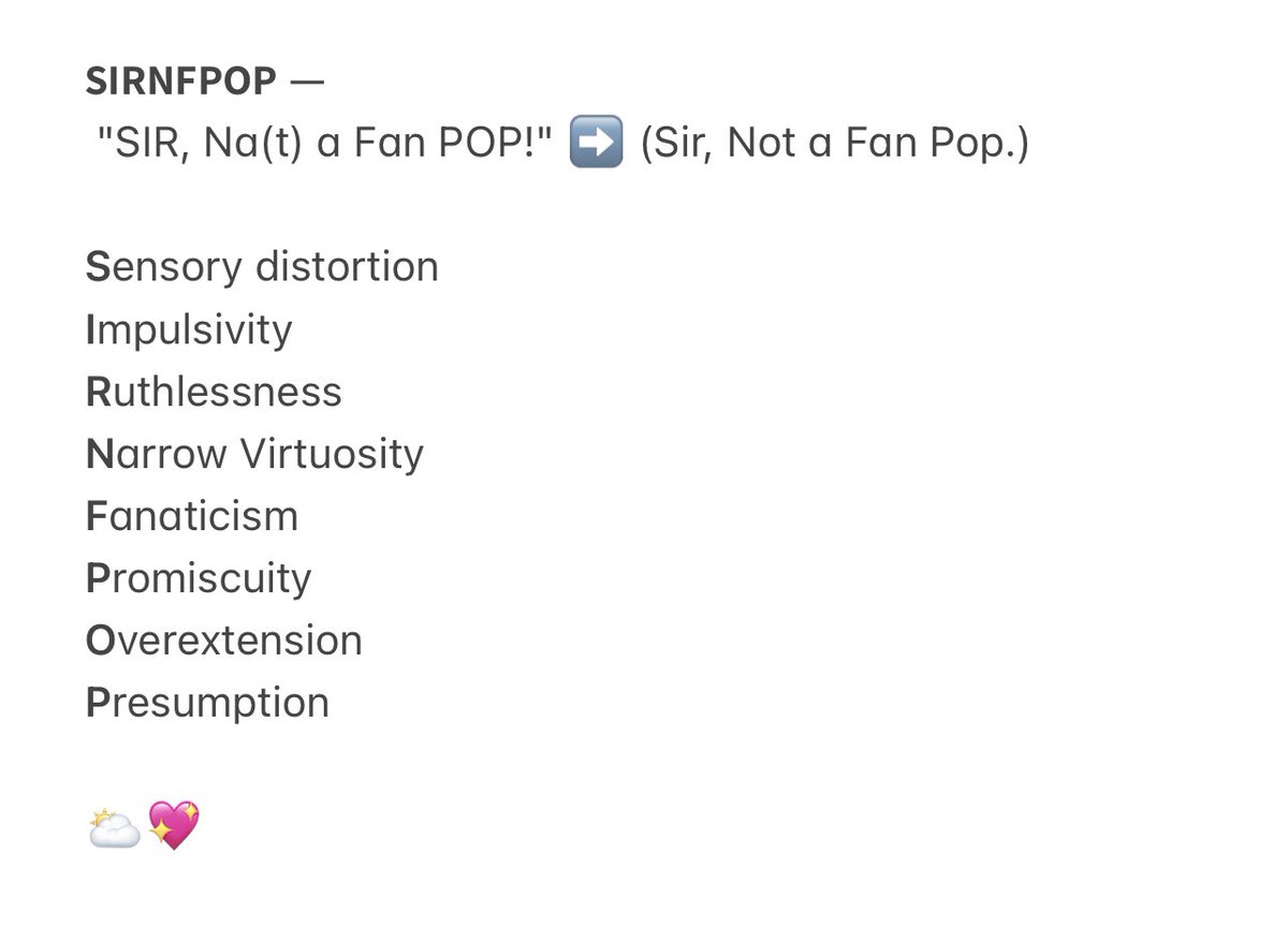 opacarooophile_'s tweet image. I suddenly remembered na it is important for us to know that too much satisfaction of syntonic may lead to fixation/pathology! Here&apos;s a simple mnemonic to help you remember (hehe!), hope this make sense 🖇️

𝗦𝗜𝗥𝗡𝗙𝗣𝗢𝗣 —
 &quot;SIR, Na(t) a Fan POP!&quot; ➡️ (Sir,  not a fan po.)