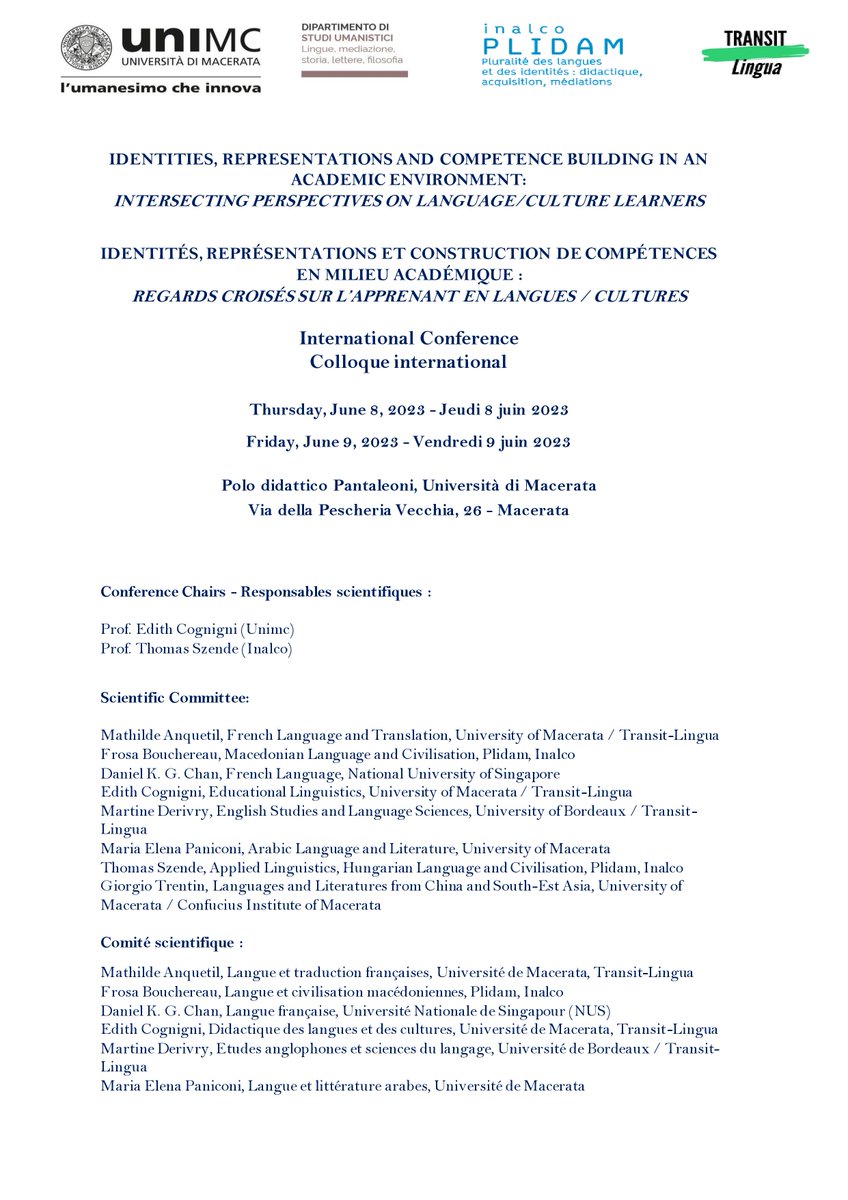 Plidam_Inalco's tweet image. Colloque international
#IDENTITÉS, REPRÉSENTATIONS ET CONSTRUCTION DE COMPÉTENCES
EN MILIEU #ACADÉMIQUE :
REGARDS CROISÉS SUR L’APPRENANT EN LANGUES / CULTURES
8-9 juin 2023
+info inalco.fr/evenement/iden…
@Inalco #langue #apprentissage #didactique #enseignement
