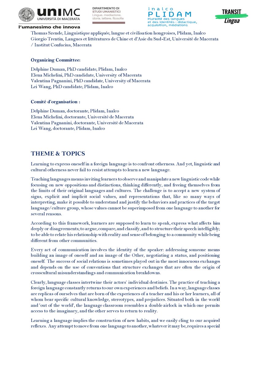 Plidam_Inalco's tweet image. Colloque international
#IDENTITÉS, REPRÉSENTATIONS ET CONSTRUCTION DE COMPÉTENCES
EN MILIEU #ACADÉMIQUE :
REGARDS CROISÉS SUR L’APPRENANT EN LANGUES / CULTURES
8-9 juin 2023
+info inalco.fr/evenement/iden…
@Inalco #langue #apprentissage #didactique #enseignement