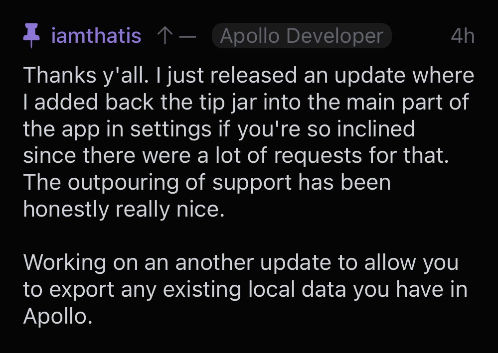 What an absolute class act. Forced to cut off his main source of income, estimating having to pay a quarter of a million dollars in refunds while being slandered in the process and he is… updating the app with more functionality.