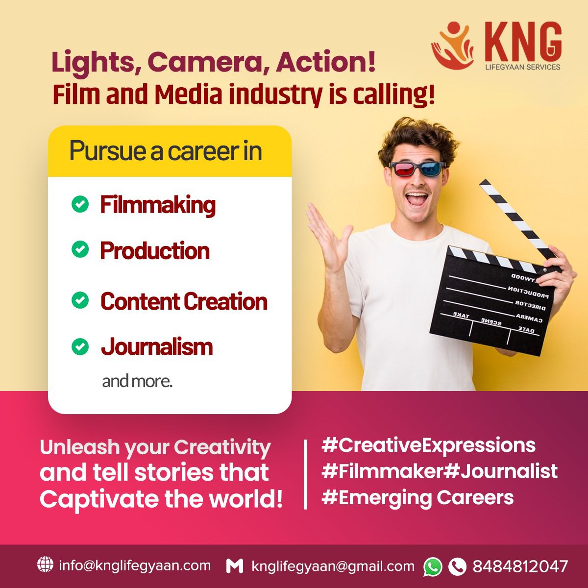 Lights, Camera, Action! 
Film and Media industry is calling! 
Pursue a career in Filmmaking,Production, Content Creation, Journalism and more. 
Unleash your Creativity and tell stories that Captivate the world!
 #CreativeExpressions #Filmmaker #Journalist #Emergingcareers
