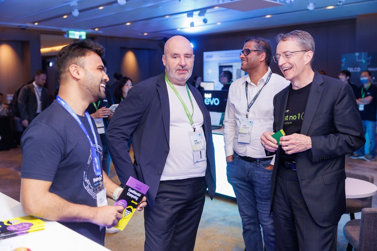 fortanix's tweet photo. 🤝It was great meeting Patrick P. Gelsinger, CEO, Intel at the the Intel Vision Event in #Taipei. 
In action team Nik &amp; Gerry discussing protecting data with #ConfidentialComputing solutions offered by Fortanix and Intel.🙌

#cybersecurity #datasecurity #cloudsecurity #ciso https://t.co/N0tOHdEJ21