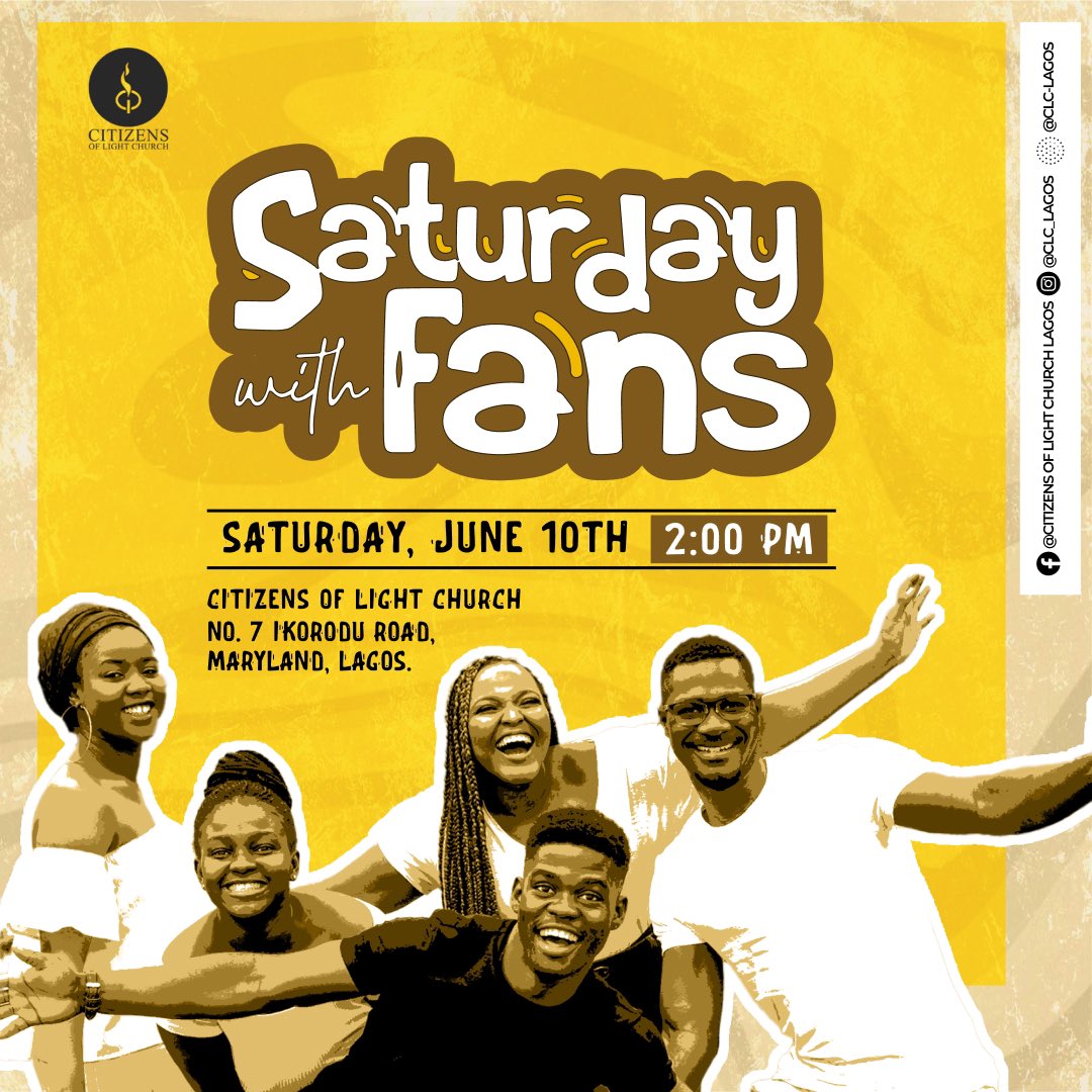 clc_lagos's tweet photo. We are sure you've heard it.
It's tomorrow 👌
It's SATURDAY WITH OUR FANS 🤗
Bring your friends and families too 👍
Welcome to Freedom!
#Friendservice
#Gospel
#ChurchIsNotBoring https://t.co/3Xd9KYwqFz