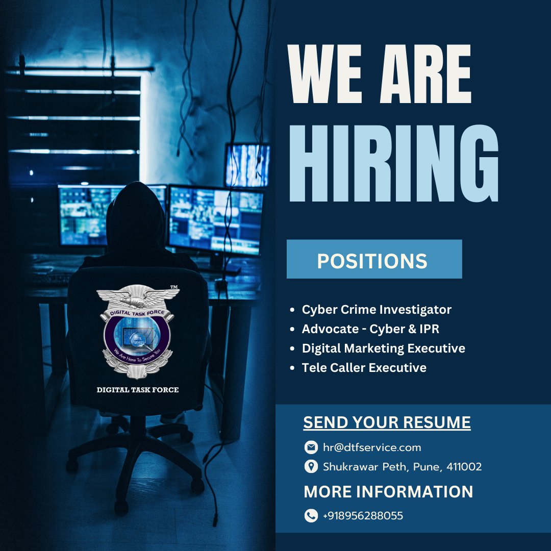 WE ARE HIRING…!

Contact us: +918956288055 | hr@dtfservice.com | dtfservice.com

Don't forget to LIKE, SHARE and SAVE this post!

#cybersecurity #jobs #career #employment  #dtf #digitaltaskforce #CyberSurkshaAbhiyan #cybersafety #cybercrime #jobalert