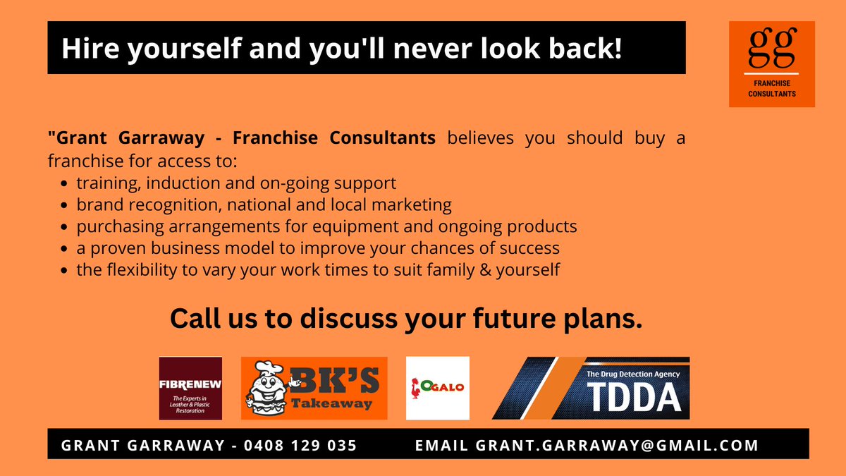 5 great reasons to invest in a #franchise!

@Fibrenew_Intl 
@BKsTakeaway 
#Ogalo
#TheDrugDetectionAgency

Call Grant 0408 129 035
grant.garraway@gmail.com
grantgarraway.com

#ggfc #beyourownboss #franchiseconsultant