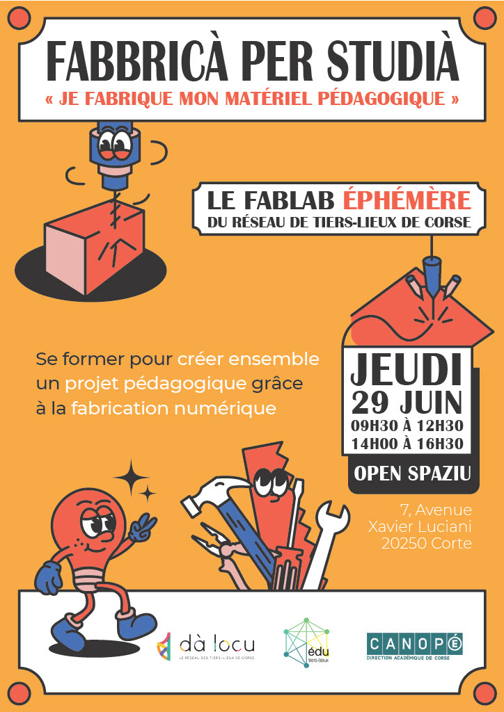 Envie de coopérer et de créer des #communs à l'école ? inscrivez vous à la formation "je fabrique mon matériel pédagogique" <a href="/accorse/">Académie de Corse</a>  avec #fabbricàperstudià  le FabLab éphémère crée pour l'occasion avec <a href="/ContactDaLocu/">Dà Locu</a>  <a href="/TiersLieuxEdu/">TiersLieuxEdu</a> <a href="/fablabalecole/">Fab Lab à l'école</a>  CanopeCorse