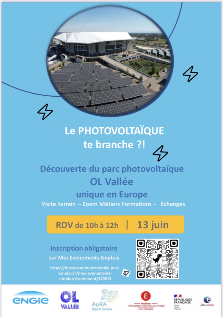 ☀️Des opportunités d’emploi dans la filière #Energie ? OUI! 
➡️ Rdv le 13 Juin au parc OL
🗓 Inscription obligatoire 
➡️ urlr.me/jcZPG
Visite avec ENGIE <a href="/ReservoirSun/">Reservoir Sun</a> @poleemploi_ara <a href="/digital_solaire/">AuRA Digital Solaire</a> <a href="/MMIE_LyonMetrop/">Maison Métropolitaine d'Insertion pour l'Emploi</a>  <a href="/OLVallee/">OL Vallée</a>