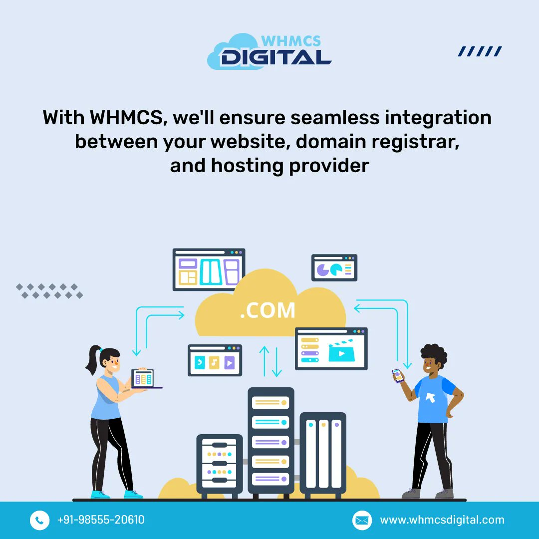 🔗 Experience seamless integration between your website, domain registrar, and hosting provider with WHMCS! 🌐💻 Enhance efficiency, simplify management, and deliver a seamless user experience. Let's connect all the dots! 🤝🔌 

#WhmcsDigital  #WebHostingCompany