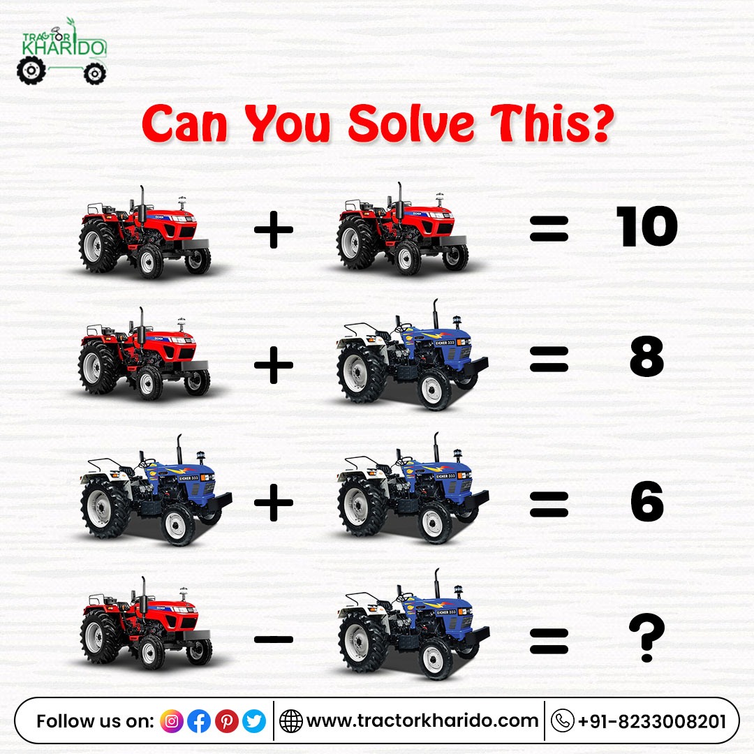 TractorKharido's tweet image. Can you answer this fun question?
If yes, then what is the delay? Quickly comment on the correct answer!

#TractorKharido #QuickAnswer #IqTest #EicherTractor #Eicher #Tractors #Tractor #tractorloverzz #quiz #puzzle #game #fun #math #mathsgames