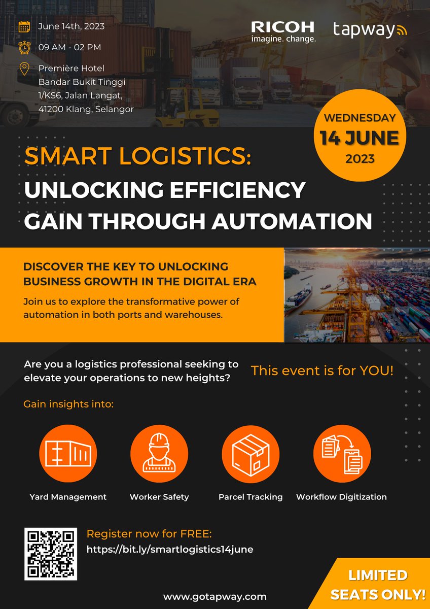 TapwaySolutions's tweet photo. #Tapway #Ricoh #LogisticsAutomation #WorkflowEfficiency #ProductivityBoost #CostSavings #EfficiencyGains #SmartLogistics #EventAnnouncement #TechSpeaker #WorkflowDigitization #GembaTechnology #RegisterNow #FreeEvent #JoinUs #logistics #klangvalley https://t.co/Djo6awMG6C