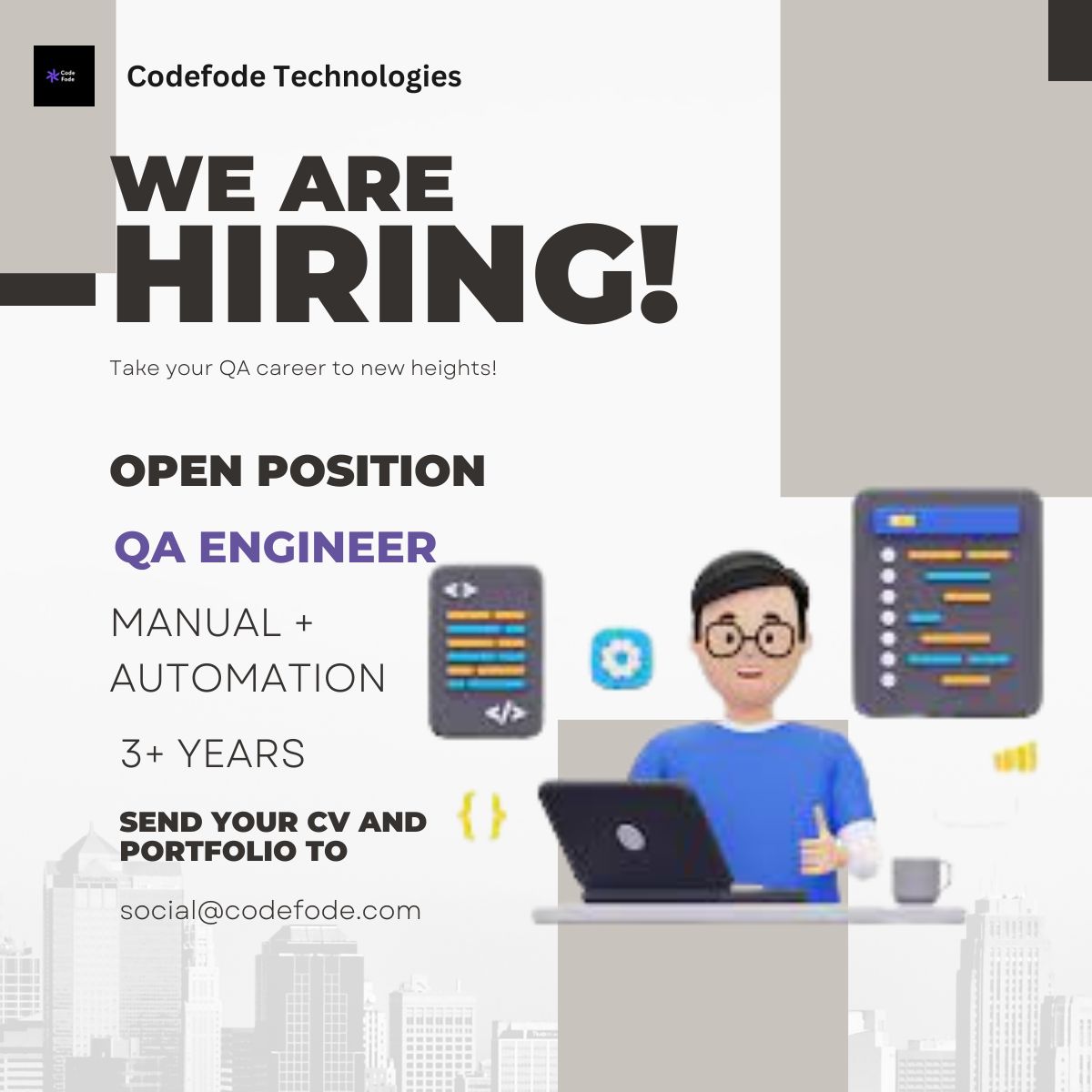 codefodetec's tweet image. HIRING ALERT: QA Engineer - Manual Automation

Are you a talented #qaengineer with a passion for #manual automation testing? We have an exciting #opportunity for someone like you to join our dynamic team!
Position: QA Engineer -Manual Automation
Experience: 3+ years
#HiringAlert