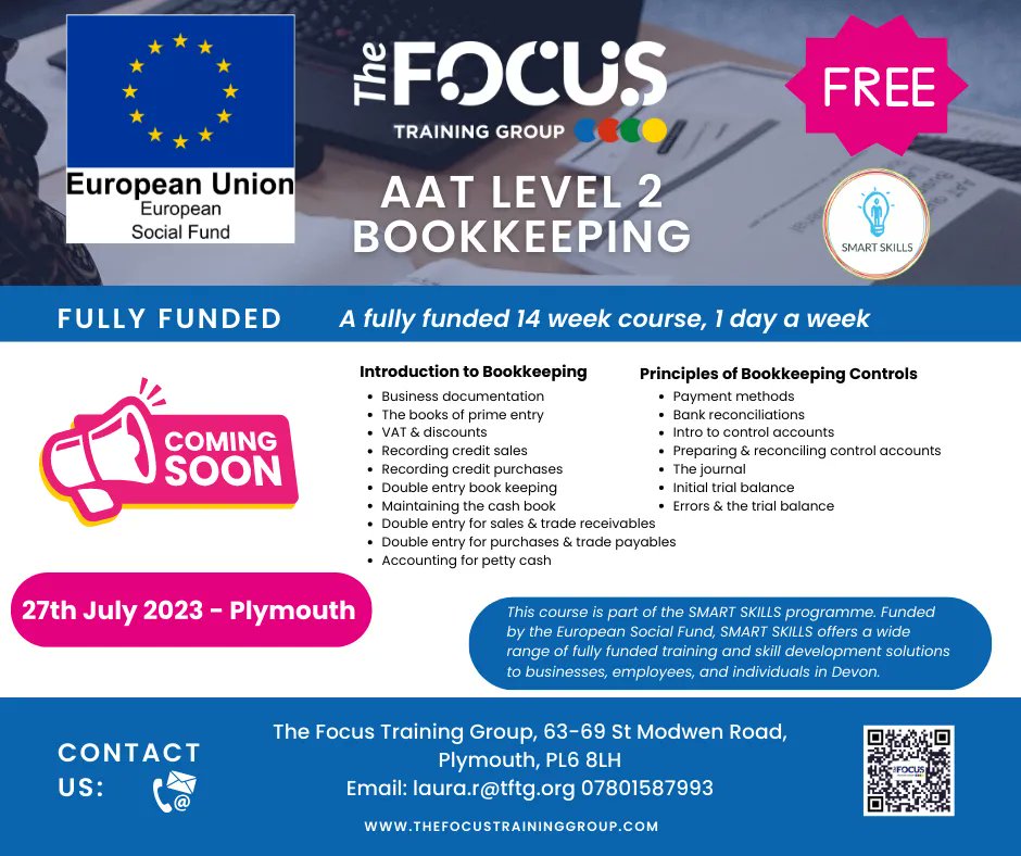 focustrainingsw's tweet photo. 📢 Exciting news for aspiring accountants in Plymouth- Fully Funded AAT Level 2 Bookkeeping course 
 27th July 2023
Our Plymouth Centre, PL6 8LH
Limited spots available, so be quick to book

 Contact laura.r@tftg.org 07801587993 to book your place or for further information. https://t.co/3XohfKFU2c