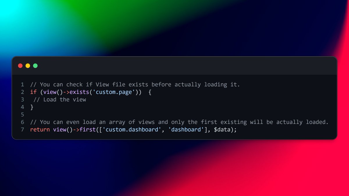 I didn't know this before!

In Laravel you can actually check if a view exists, and furthermore, you can define multiple fallback views.

I see this to be most useful for package developers, allowing users to define their own views, and if they haven't defined them, the package…