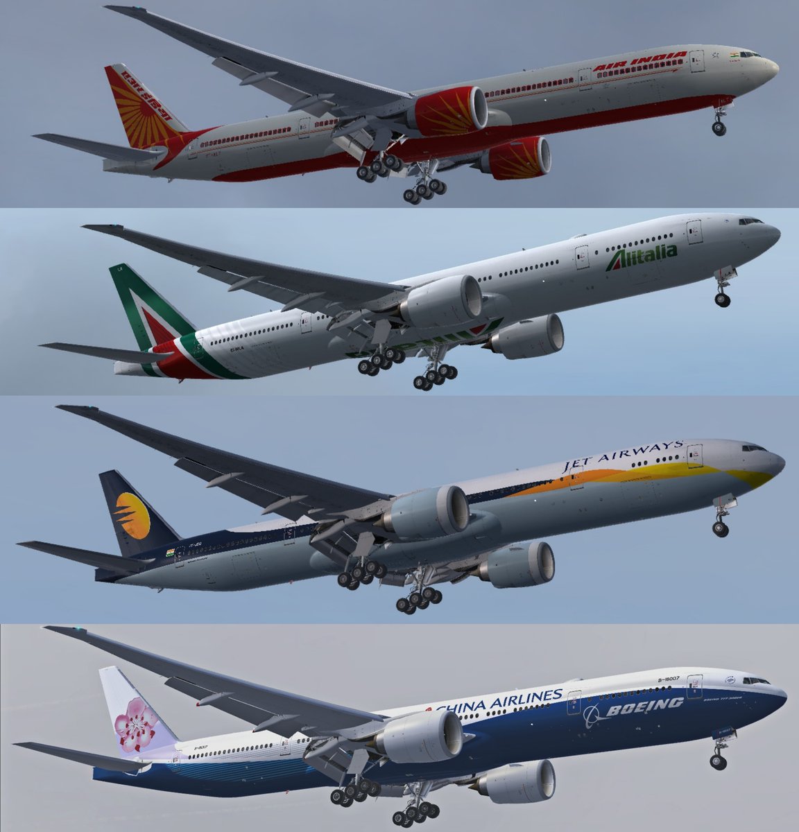 Choose your favourite livery 🔥🔥🔥
#Boeing777 #AirIndia #Alitalia #JetAirways #ChinaAirlines