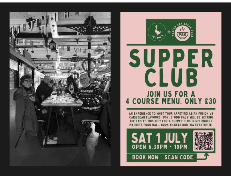 PSK Supper Club is back on 1 July in collaboration with the awesome Odd Pals for an amazing dining club experience in @WellingtonMrkt - just booked ! 🍽️ 💚 4 courses of mouthwatering Caribbean & Asian Fusion dishes. #Wellington #foodie #shropshire eventbrite.co.uk/e/638978520957