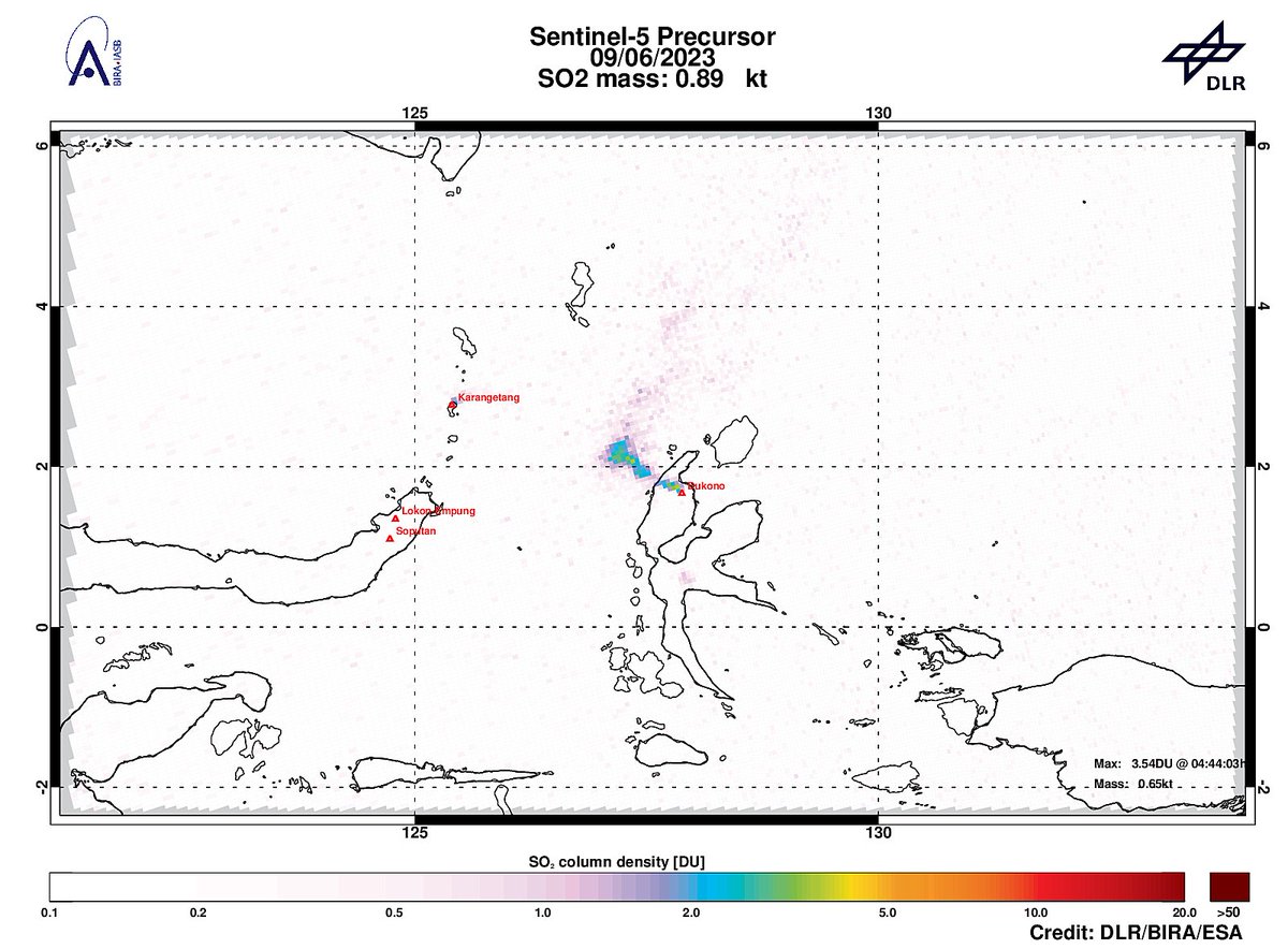 On 2023-06-09 #TROPOMI has detected an enhanced SO2 signal of 3.54DU at a distance of 9.4km to #Dukono. @tropomi #S5p #Sentinel5p @DLR_en @BIRA_IASB @ESA_EO #SO2LH