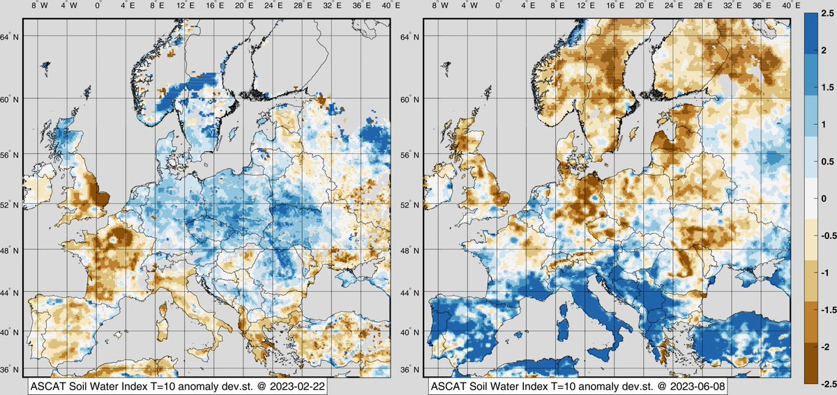 HydrologyNext's tweet photo. European maps of soil moisture anomalies at the end of February and yesterday...impressive changed in the areas wetter and drier than normal
@eumetsat @HydroSAF @Giulio_Firenze @WMO https://t.co/264eDJJK3K