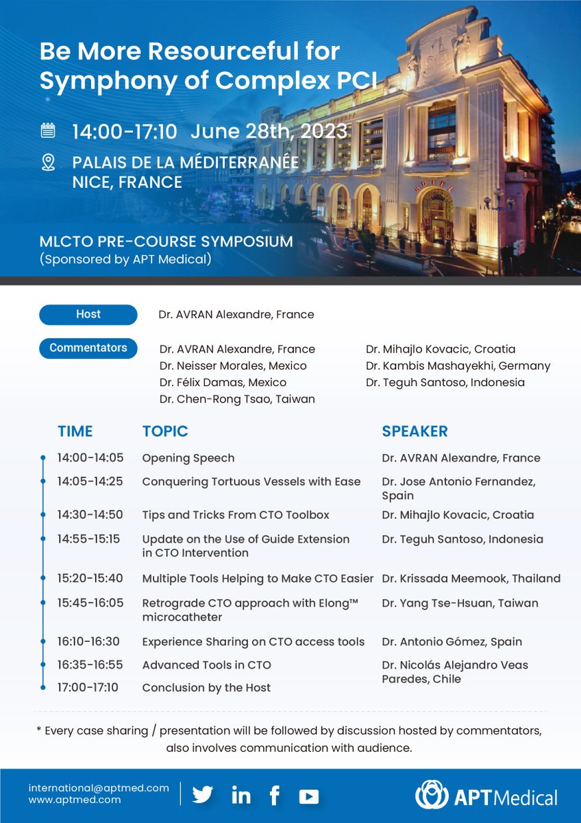 APTMedDevices's tweet photo. APT Medical looks forward to welcoming you at #MLCTO on June 28th-July 1st in Nice, France.

Join our pre-course symposium "Be More Resourceful for Symphony of Complex PCI" on June 28th for valuable insights and practical strategies for tackling complex PCI cases. #CardioTwitter https://t.co/8g83qVPNS5