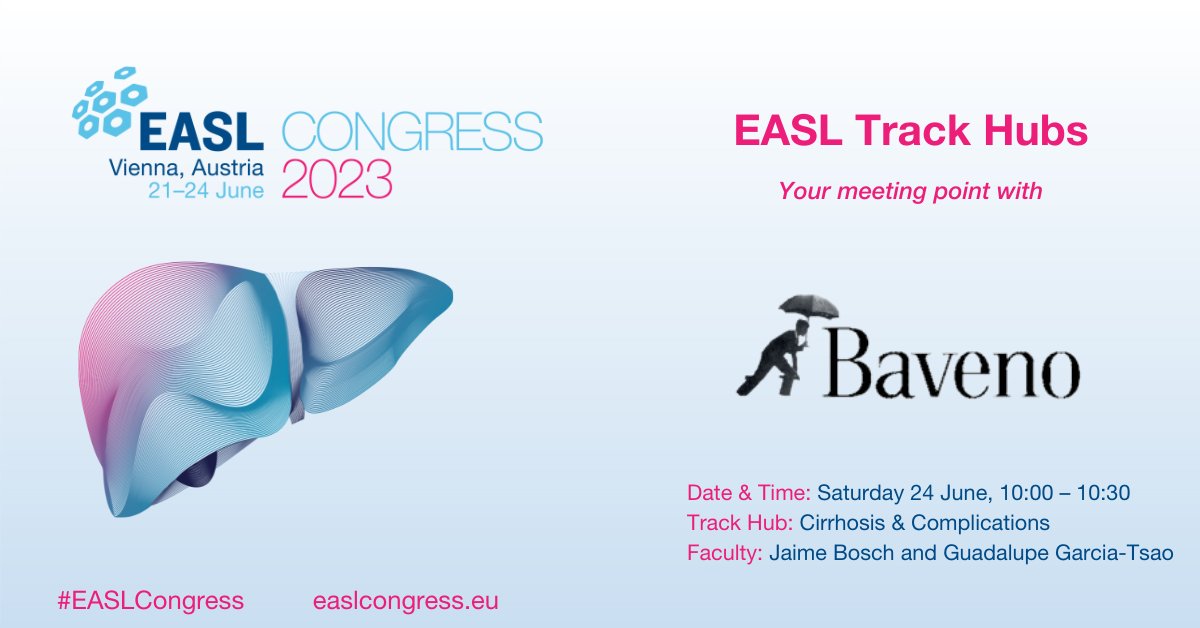 EASLnews (@easlnews) on Twitter photo Our partners @BavenoVII are hosting a networking session at #EASLCongress!
🗣 Faculty <a href="/jaumebosch9/">jaumebosch</a> & <a href="/ggarciatsao/">Guadalupe GarciaTsao</a> are looking forward to meet and discuss with you their work in portal hypertension. Join us!
📅 Saturday 24 June, 10:00 - 10:30
📌Cirrhosis & Complications Track Our partners @BavenoVII are hosting a networking session at #EASLCongress!
🗣 Faculty <a href="/jaumebosch9/">jaumebosch</a> & <a href="/ggarciatsao/">Guadalupe GarciaTsao</a> are looking forward to meet and discuss with you their work in portal hypertension. Join us!
📅 Saturday 24 June, 10:00 - 10:30
📌Cirrhosis & Complications Track