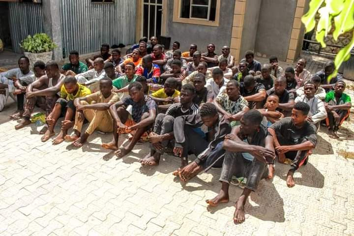aynaabba's tweet photo. Kano State Police Command arrested looters at the ongoing demolution sites embarked upon by the Administration of HE Abba K Yusuf to reclaim the govt properties sold to individuals and cronies by Ganduje-led Adminstration https://t.co/JIuo8ofcjX