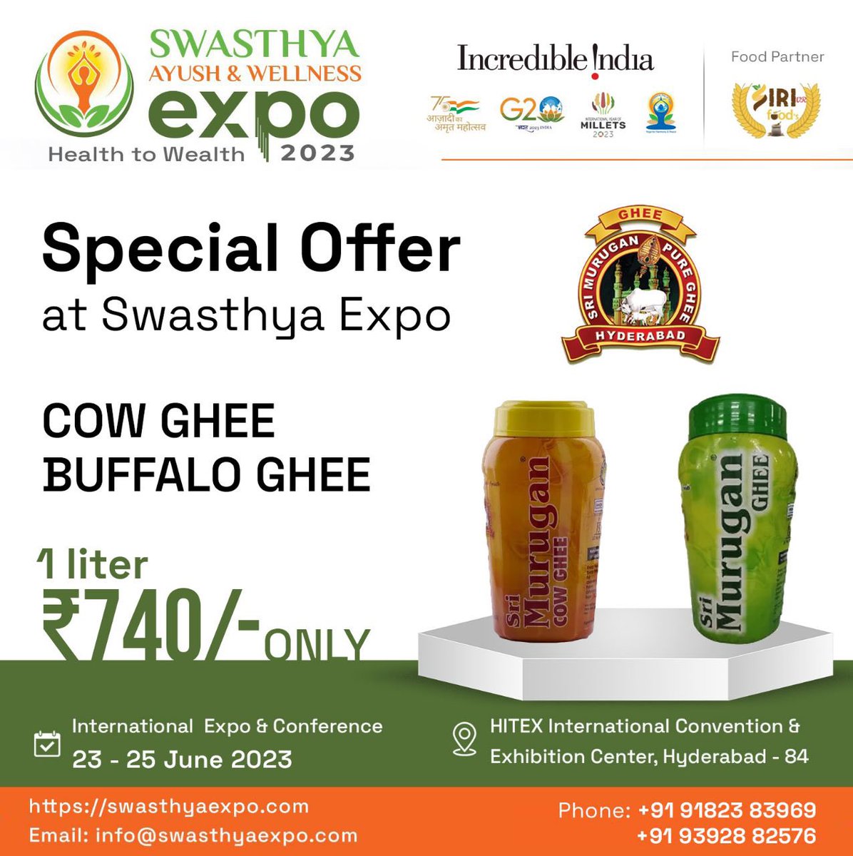 Special Offer at Swasthya Expo
Sri Murugan Pure COW GHEE & BUFFALO GHEE 1 Liter Rs.740/- Only

#cowghee #buffaloghee #pureghee #srimuruganghee #swasthyaexpo