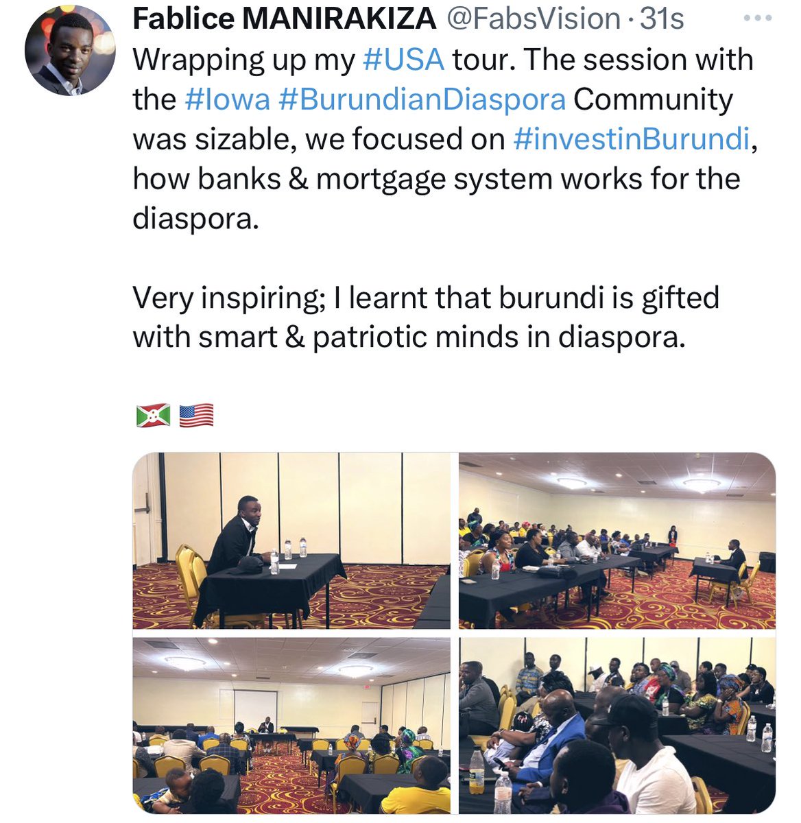I had inspirit exchanges with #BurundianDiaspora communities in USA about our contribution into Burundi’s development. 

There is a huge patriotic love &amp; willingness to transformation Burundi. 

My next world tour will include: Canada, USA, UK, Swidden &amp; Australia.

🇧🇮🇺🇸