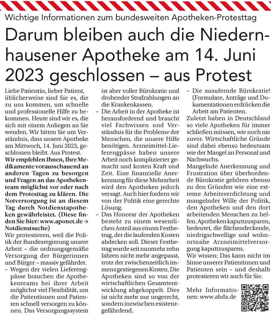 Darum bleiben auch die Niedernhausener Apotheken am 14. Juni
2023 geschlossen - aus Protest

#Lieferengpässe #Medikamente #Versorgung #Apothekevorort #Bürokratie #Bürokratiewahnsinn #Zukunft #Mitarbeiter #Apotheken #Niedernhausen