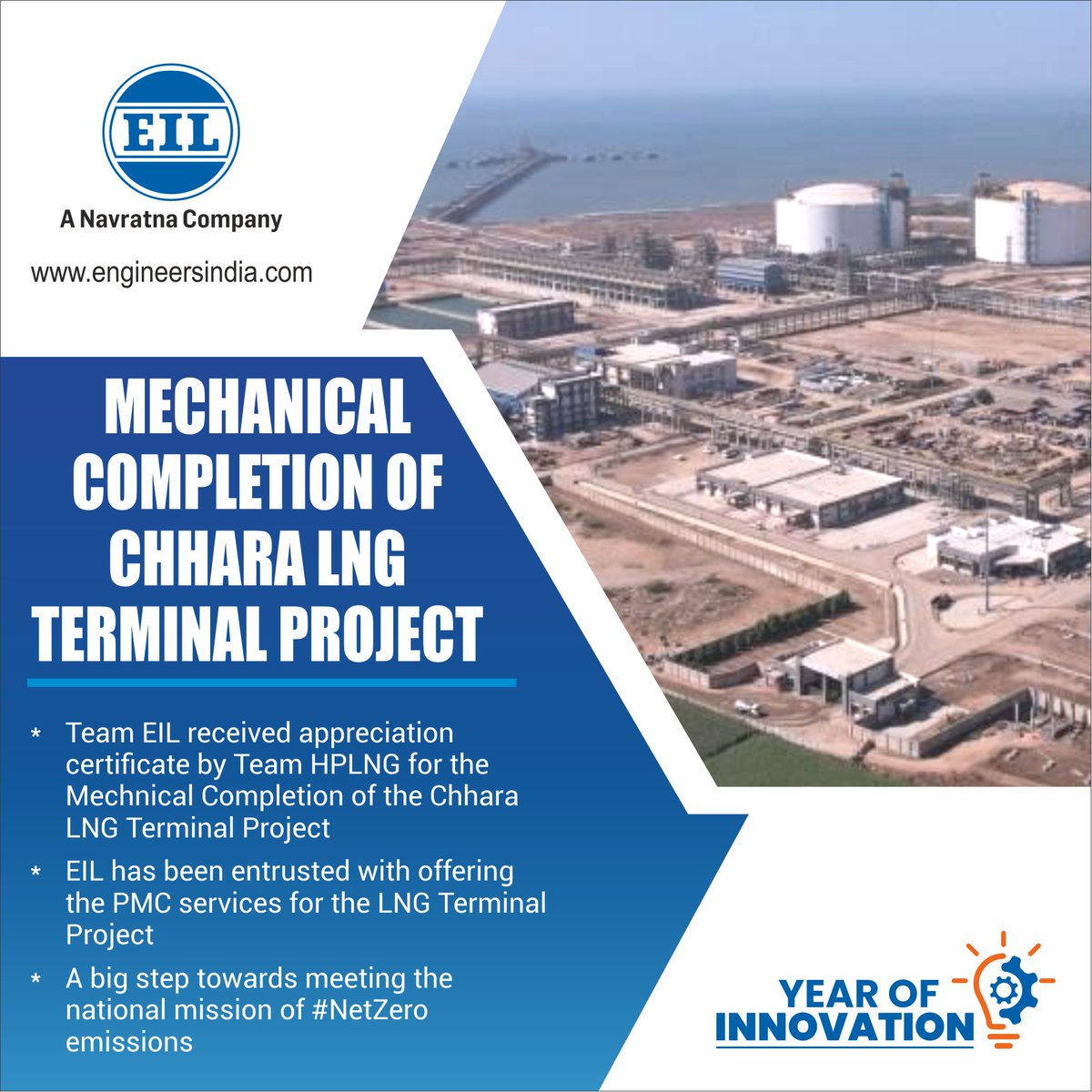 EngineersIND's tweet photo. EIL is leading the way in realizing India's national mission of becoming a #GasBasedEconomy and achieving #NetZero by 2070. The mechanical completion of the Chhara LNG Terminal is a major step forward in the penetration of natural gas into the country's energy mix.
@HardeepSPuri @Rameswar_Teli @Vartika15791157
#LNG #NaturalGas #ProjectManagement