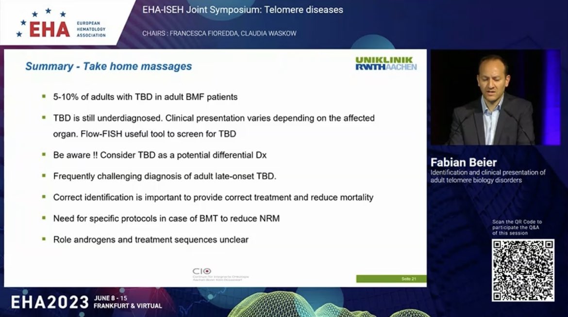 Discussion on therapy; androgens seem to improve #BMFsm and may elongate #telomeres. Also some emerging evidence of improvement in #IPF. #HSCT outcomes still suboptimal. @RWTH @EHA_Hematology @TeamTelomereInc #EHA2023