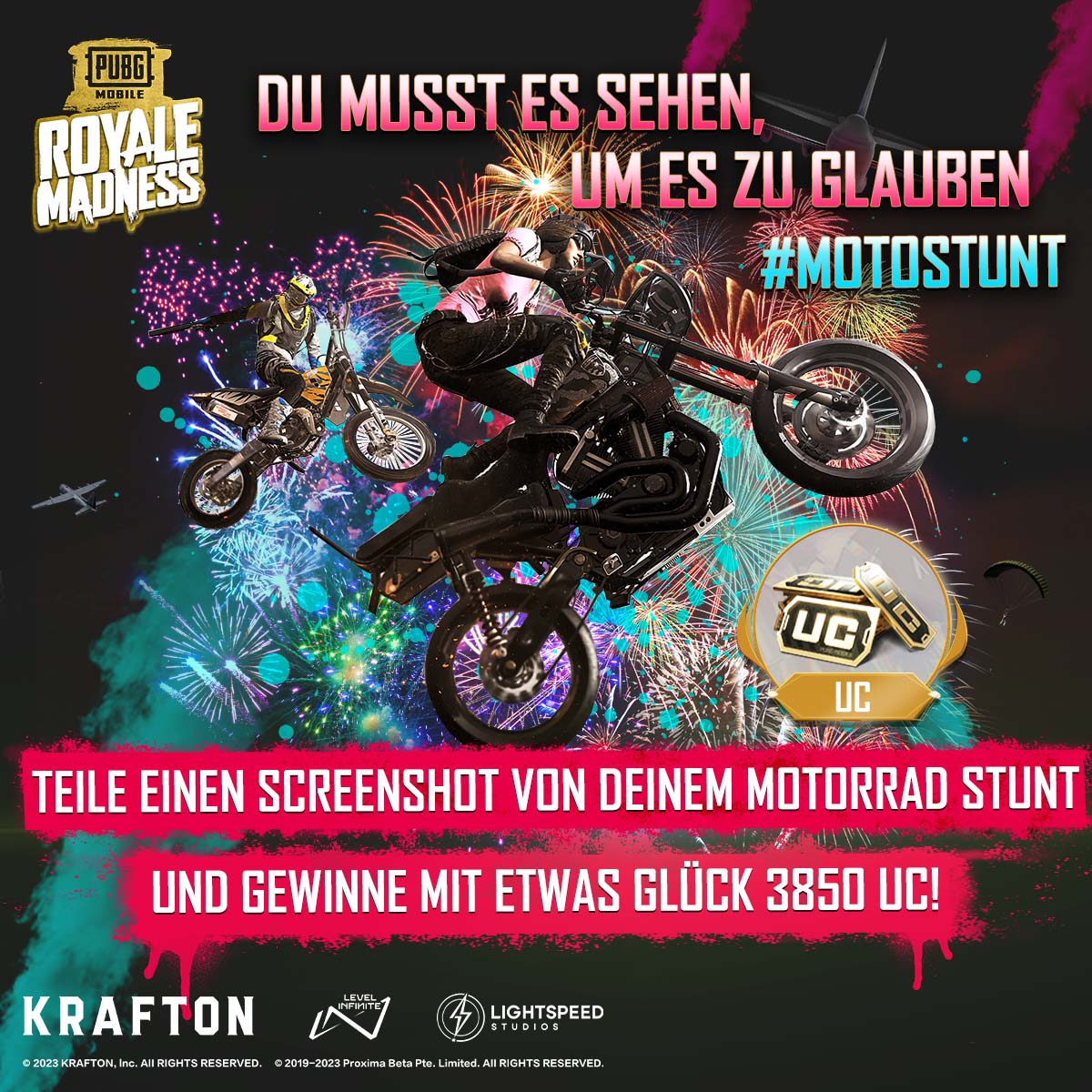 PUBGM_DE's tweet photo. Vergiss nicht, an unserer #MotoStunt Challenge teilzunehmen und dein Können als bester Fahrer oder Fahrerin im Spiel zu beweisen! Als Bonus gibt's 3.850 UC!
#PUBGMOBILE
#ROYALEMADNESS https://t.co/pZNCKXWvfQ
