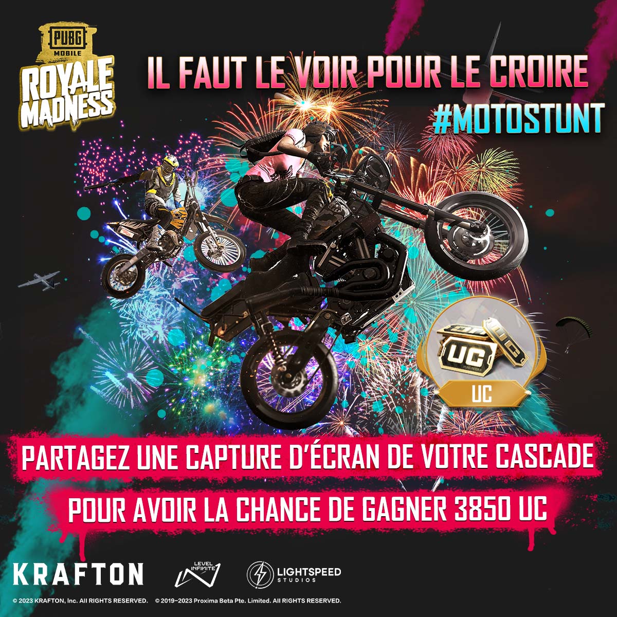 pubgm_france's tweet photo. N'oubliez pas de rejoindre le Défi #MotoStunt pour montrer à vos amis que vous êtes le meilleur pilote du jeu ! 😎
En prime, vous gagnerez peut-être 3 850 UC ! 😏
#PUBGMOBILE #ROYALEMADNESS https://t.co/zN3yV15Oix