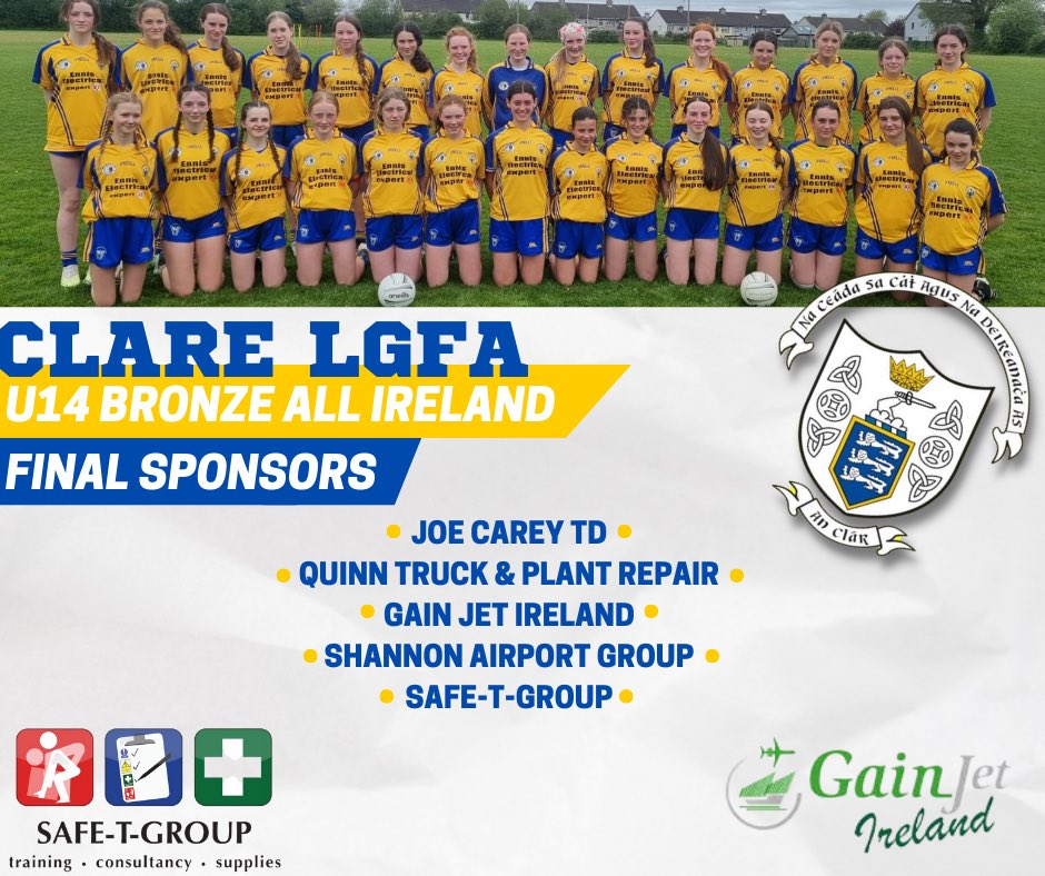 Clarelgfa's tweet image. Clare LGFA would like to thank the following for their generous support as the u14 team prepare for the @LadiesFootball Bronze All-Ireland Final 🏐

🟡Joe Carey TD
🔵Quinn Truck &amp;amp; Plant Repair
🟡Gain Jet Ireland
🔵Shannon Airport Group
🟡Safe T Group

It’s very much appreciated👏🏻