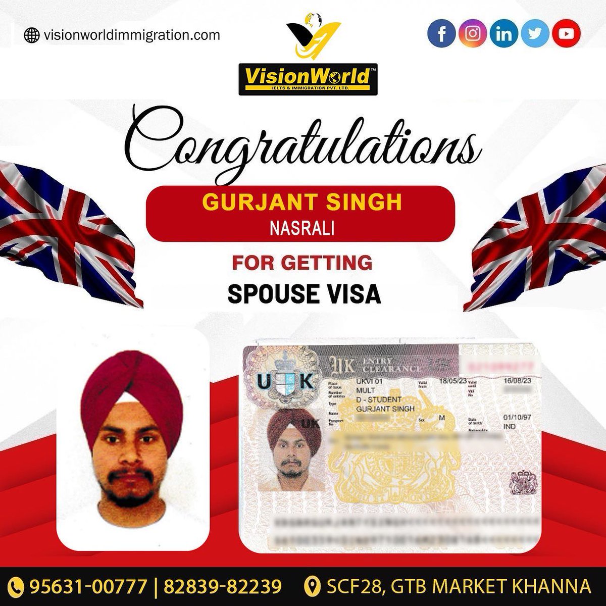 Congratulations Gurjant📷📷📷📷📷
For enquiries@ +91- 95631-00777, 82839-82239
#visionworldimmigration #immigration #spousevisa #ukspousevisa #ukvisa #successstory #visaconsultants #visa #khanna #ludhiana #punjab