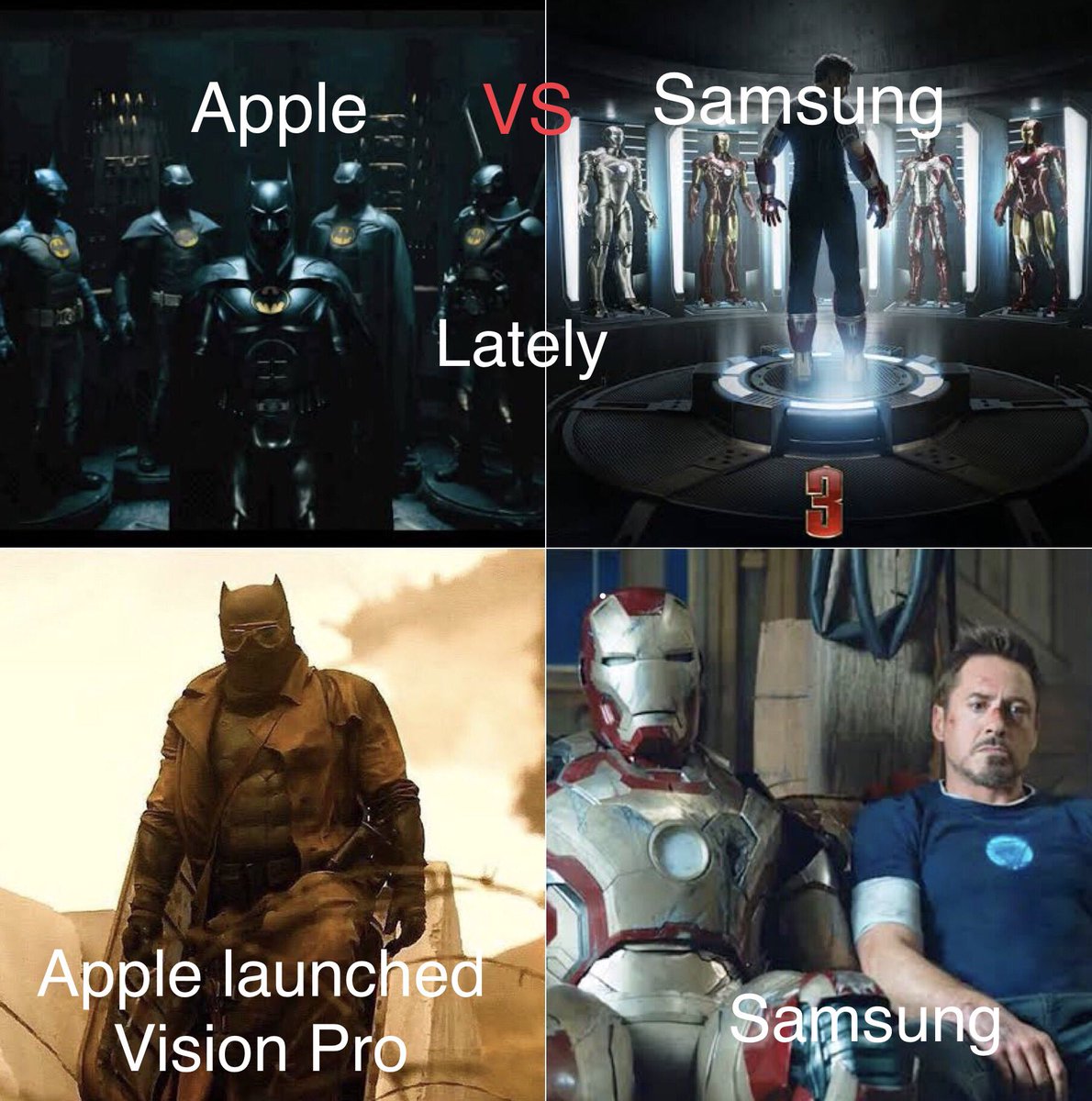 ryo_tanos's tweet photo. Apple vs Samsung #apple #AppleVisionPro #VisionPro #samsung #Flash #batman #ironman https://t.co/udxi9sAuDw
