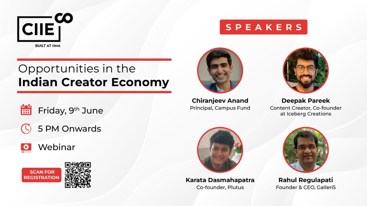 @CIIEIndia webinar on "Opportunities in the Indian Creator Economy" happening today at 5 PM!

Chiranjeev Anand
Deepak Pareek 
Karata Dasmahapatra
Rahul Regulapati  

on opportunities and challenges faced by creators in the Indian ecosystem. 

go.ciie.co/OCE

#creators