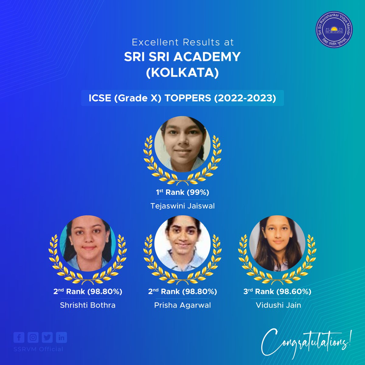 ssrvm's tweet image. We are proud to announce that our students of SSA (Kolkata) have performed extremely well in their ICSE Grade X examinations. Hearty Congratulations &amp;amp; best wishes to all the students for their future endeavours! #ICSEresult2023 #ICSE2023 #EducationMatters #SSRVMAchievements