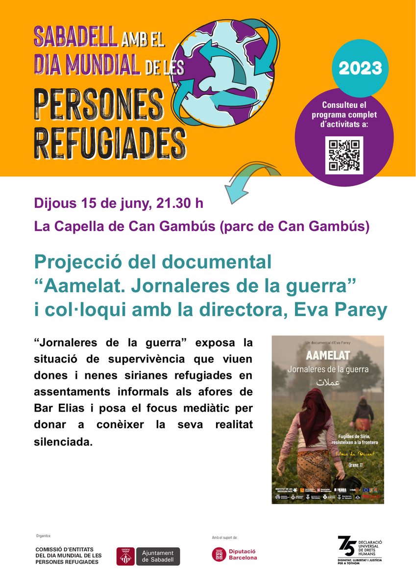 sbddretscivils's tweet photo. 🎬 Projecció del documental “Aamelat. Jornaleres de la guerra”

👉 En acabar, col·loqui amb la directora, Eva Parey
🗓 dijous 15 de juny
⏰ 21.30 h
📍La Capella de Can Gambús (parc de Can Gambús)

#Sabadell #20J https://t.co/mttbbqzK39