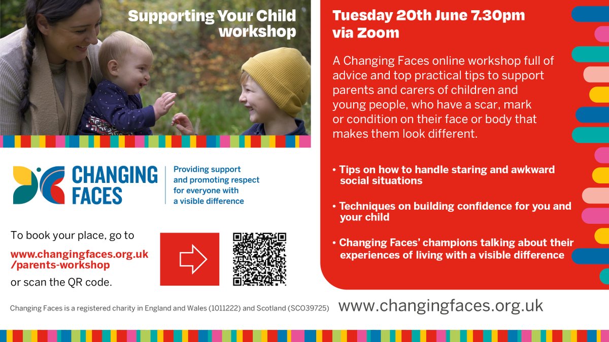 There's still a few spaces left at our workshop!

⏰ Tuesday 20 June, 7:30pm
💻 On Zoom
🧑‍🤝‍🧑 Great way to meet other parents who have children with a visible difference, and hear from a Changing Faces champion. 

Sign up, & please RT to spread the word: bit.ly/3J3s0PA